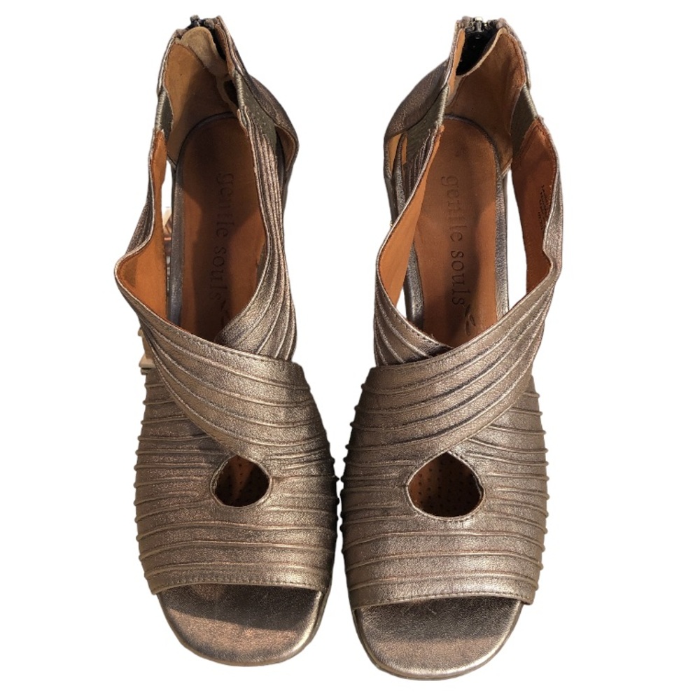 Gentle Souls Open Toe Sandal/Shoe Bronze, Size 9M, zippered 3” heel, Osaka Rama